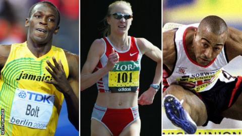(Left to right) Usain Bolt, Paula Radcliffe, Colin Jackson