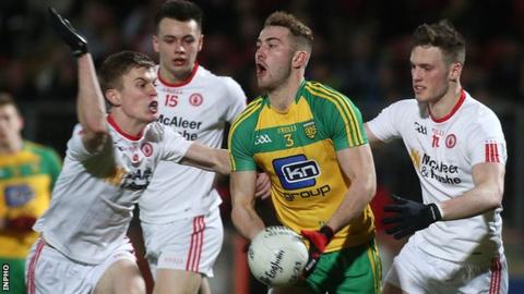 Tyrone trio Ryan Loughran, Paul Donaghy and David Mulgrew close in on Donegal's Stephen McMenamin