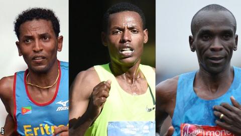 Tadese (left) and Desisa (centre) faded, while Kipchoge was on target pace with five miles remaining