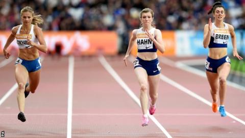 Sophie Hahn wins the 400m T38 followed by Margarita Goncharova (left, silver) and Olivia Breen (right, bronze)