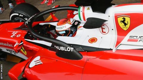 Ferrari driven by Kimi Raikkonen fitted with the halo device