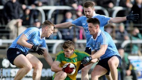 Donegal's Eoghan Ban Gallagher is surrounded by Dublin's John Small, Jack McCaffrey and Eric Lowndes