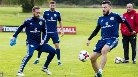 Steven Fletcher (left) looks on as Robert Snodgrass plays a pass in Scotland training on Friday