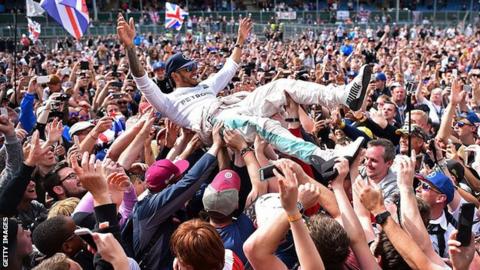 Lewis Hamilton celebrates winning the 2016 British Grand Prix at Silverstone