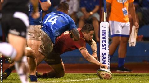 Steff Evans scores his second try for Wales against Samoa