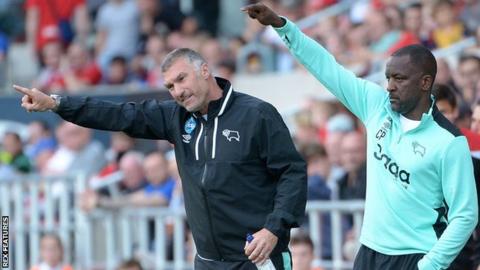 Nigel Pearson (left) and Chris Powell on the sidelines for Derby County