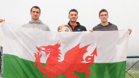 Cleverly (centre) with Wales rugby captain Sam Warburton (left) and Cardiff City skipper Mark Hudson ahead of a big weekend for Welsh sport.