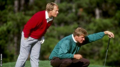 Jack Nicklaus and son Stephen line up a putt at Pebble Beach in 1991