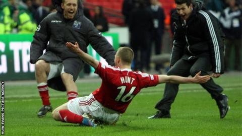 Johnny Hunt celebrates after scoring the winning penalty at Wembley