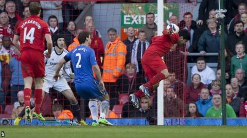 Liverpool striker Luis Suarez heads in an equaliser against Chelsea