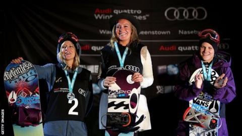 (left to right) Second place Jenny Jones of Great Britain, first place Jamie Anderson of the USA and Cheryl Maas of the Netherlands
