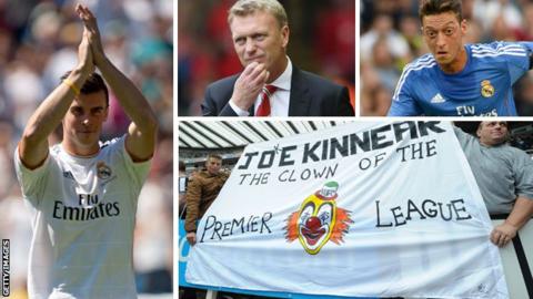 Gareth Bale (left), David Moyes (top centre), Mesut Ozil and Newcastle fans with Joe Kinnear banner