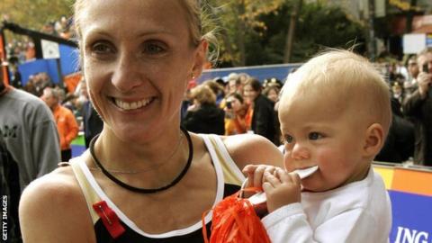 Paula Radcliffe with daughter Isla after winning the New York marathon