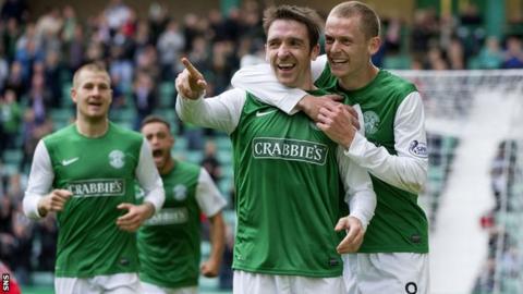Paul Heffernan celebrates after scoring Hibernian's second goal