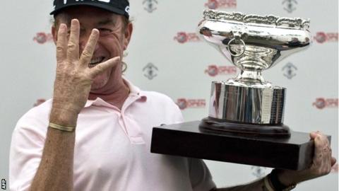 Miguel Angel Jimenez celebrates victory in the Hong Kong Open play-off