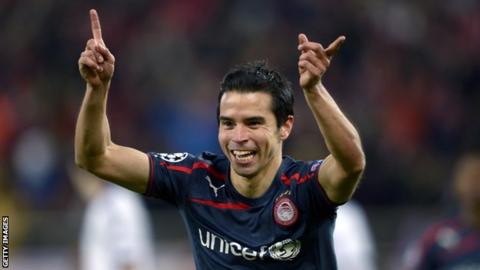 Olympiakos striker Javier Saviola scores twice in the 3-1 win over Anderlecht