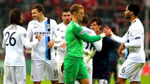 Manchester City celebrate after beating Bayern Munich