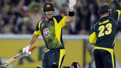 Australia batsman Aaron Finch and captain Michael Clarke batting against England