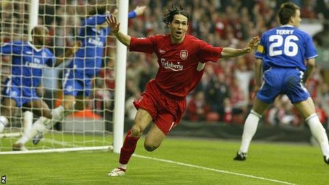 Luis Garcia celebrates his goal for Liverpool against Chelsea in the second leg of a Champions League semi-final in 2005