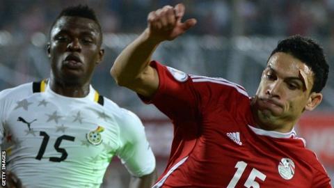 Egypt's Mohamed Mohamed Nagy (right) in action against Ghana