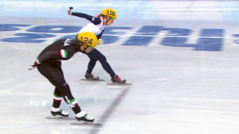 Britain's Elise Christie crossing the finish line