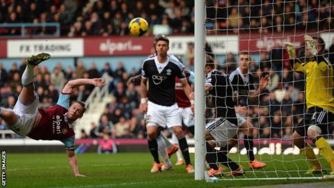 Kevin Nolan of West Ham scores against West Ham