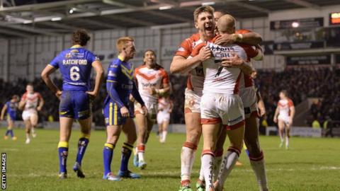 St Helens players celebrate at Warrington