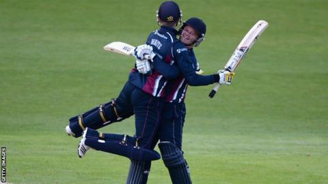 Graeme White and Ben Duckett of Northamptonshire celebrates winning the Natwest T20 Blast match between Yorkshire Vikings and Northants Steelbacks at Headingley