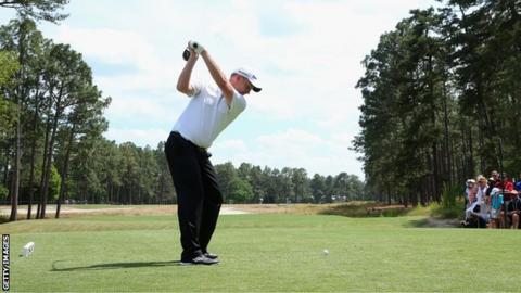 Stephen Gallacher tees off during a practice round at Pinehurst.