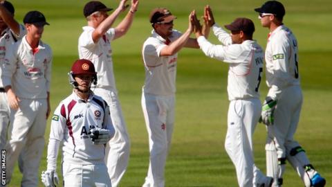 Northants' Ben Duckett is removed by Lancashire