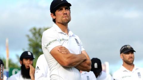 England captain Alastair Cook (centre) after the defeat against Sri Lanka at Headingley