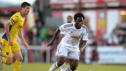 Swansea City striker Wilfried Bony in action against Exeter City