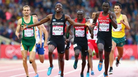 Botswana's Nijel Amos celebrates as he wins the 800m at the 2014 Commonwealth Games in Glasgow