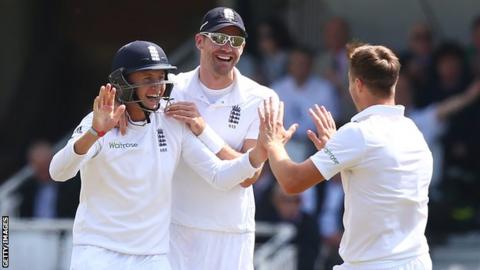 Joe Root, James Anderson and Chris Woakes