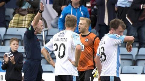 Thistle goalkeeper Scott Fox is sent off by referee Craig Charleston