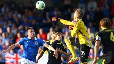 Action from the Europa League game at Mourneview Park