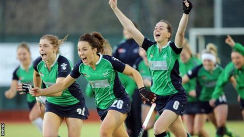 Ireland trio Kathryn Mullan, Anna O'Flanagan and Emma Smyth celebrate beating Canada on penalties