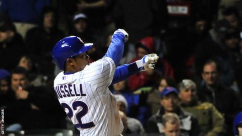 Addison Russell loses his bat mid-swing