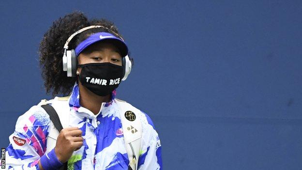 Naomi Osaka arrives on court for the 2020 US Open final wearing a face mask with the name of Tamir Rice