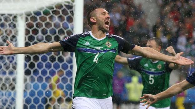 Gareth McAuley celebrates his goal against Ukraine