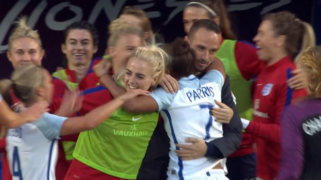 Nikita Parris scores for England against Russia and celebrates with Mark Sampson