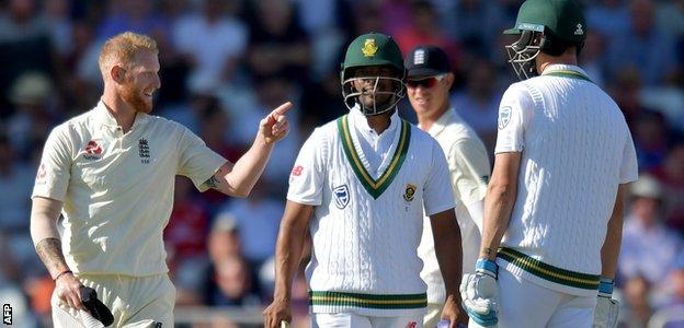 Ben Stokes shares a joke with the South African batsmen