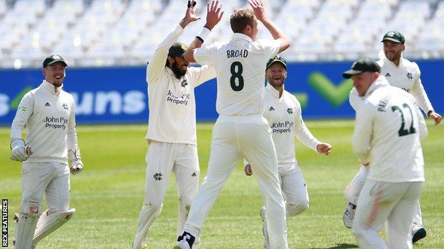 Stuart Broad celebrates a wicket for Nottinghamshire