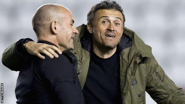 Rayo Vallecano boss Paco Jemez greets Barcelona manager Luis Enrique