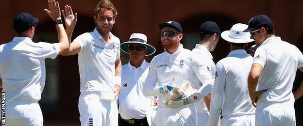 England celebrate another Stuart Broad wicket in South Africa