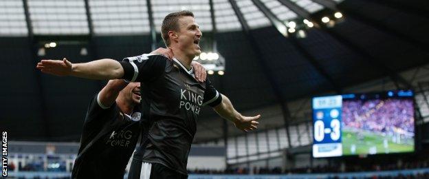 Leicester defender Robert Huth celebrates his second goal