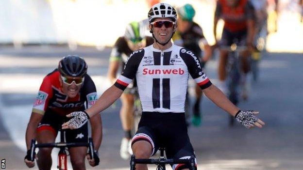 Michael Matthews celebrates winning stage 14 of the Tour de France