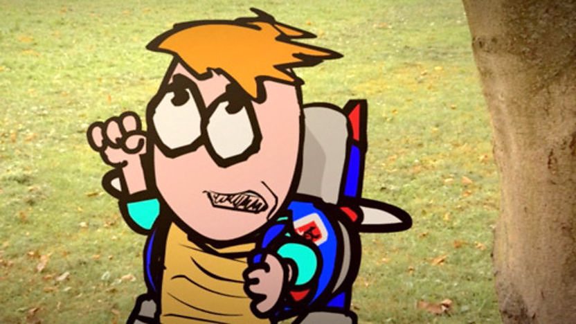 Little Howard wearing a jetpack.