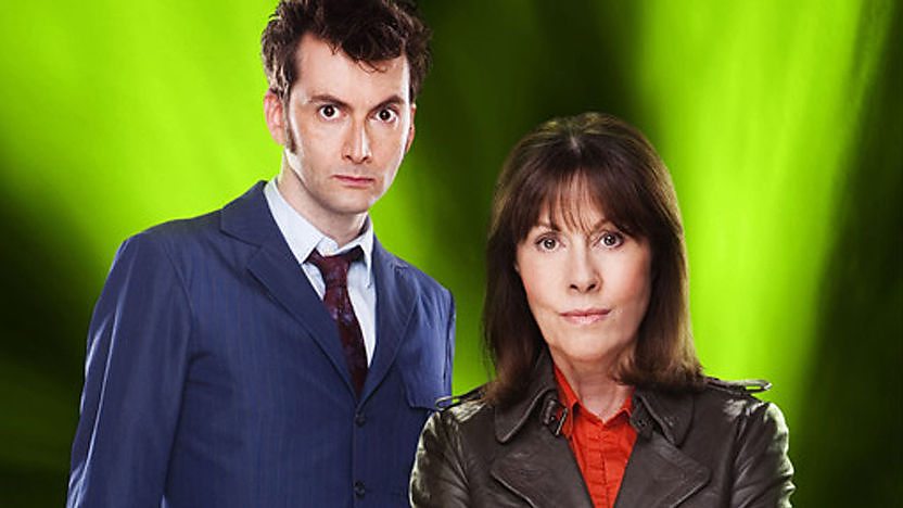 The Tenth Doctor and Sarah Jane on a green background.