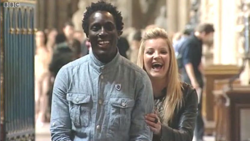 Blue Peter presenters Andy Akinwolere and Helen Skelton at Westminster Abbey.